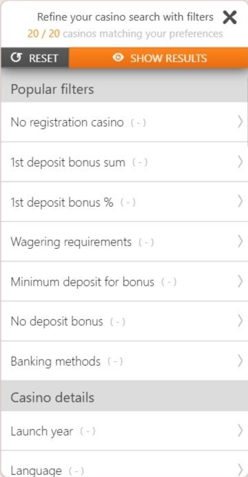 Step 2: Select Banking methods from the casino filters