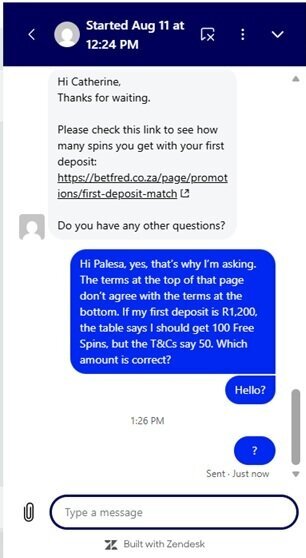 Betfred live chat showing a welcome bonus query still unresolved more than an hour after the chat started