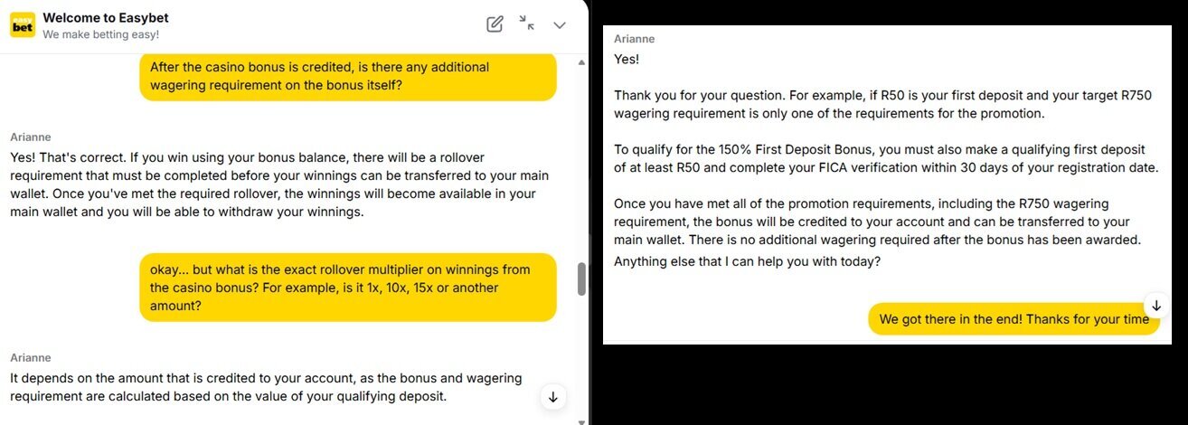 easybet live chat with conflicting statements