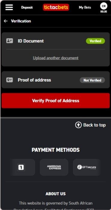 Tic Tac Bets FICA screen showing ID verified automatically before proof of address