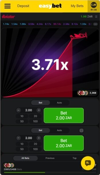 Aviator on Easybet mobile showing the rising multiplier and two betting panels
