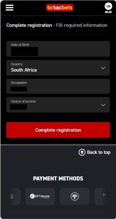 Tic Tac Bets registration form asking for occupation and source of income