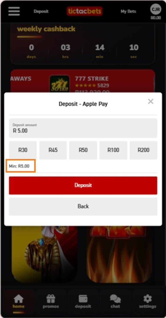 R5 minimum Apple Pay deposit highlighted in the TicTacBets cashier
