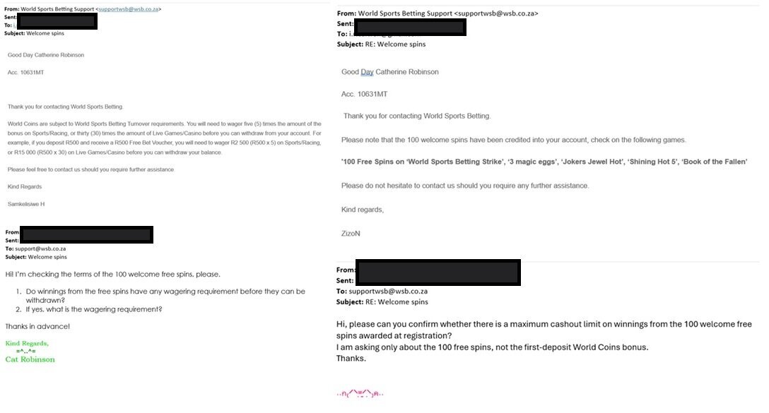 World Sports Betting email support tests showing two bonus questions and the unrelated replies received