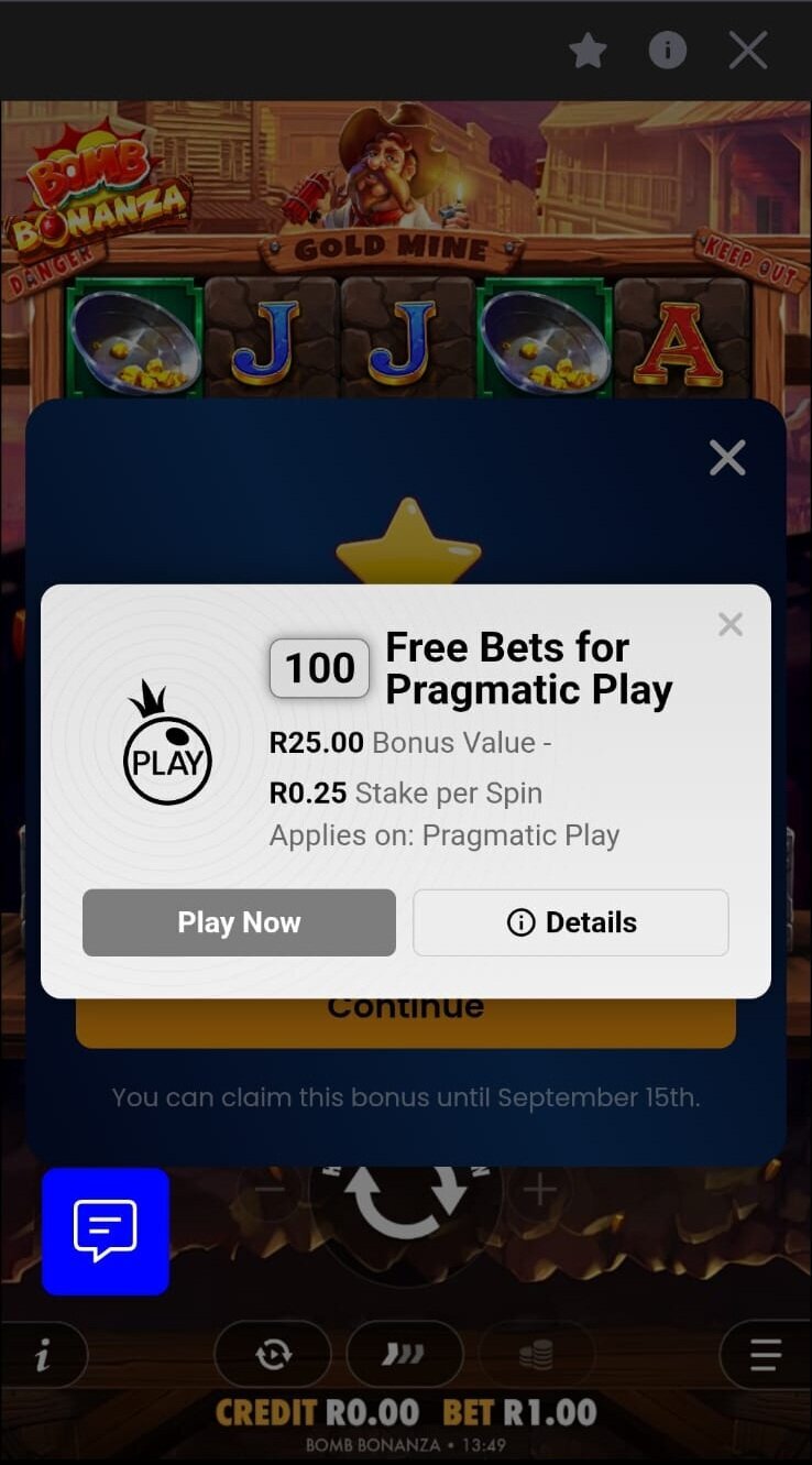 BetXchange free spins bonus details showing 100 free bets for Pragmatic Play worth R25 at R0.25 per spin