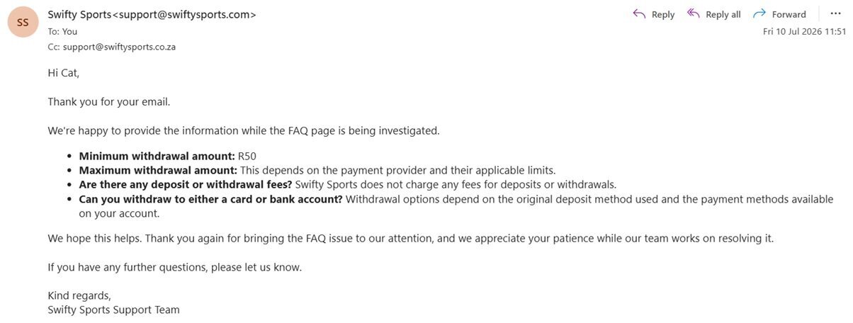 Swifty Sports email support for FAQ