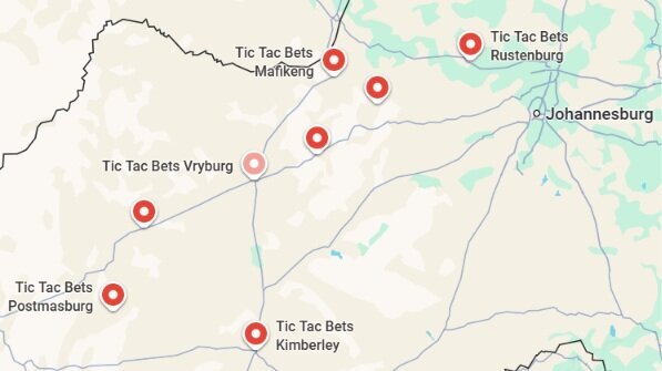 Map showing Tic Tac Bets betting shop locations in South Africa