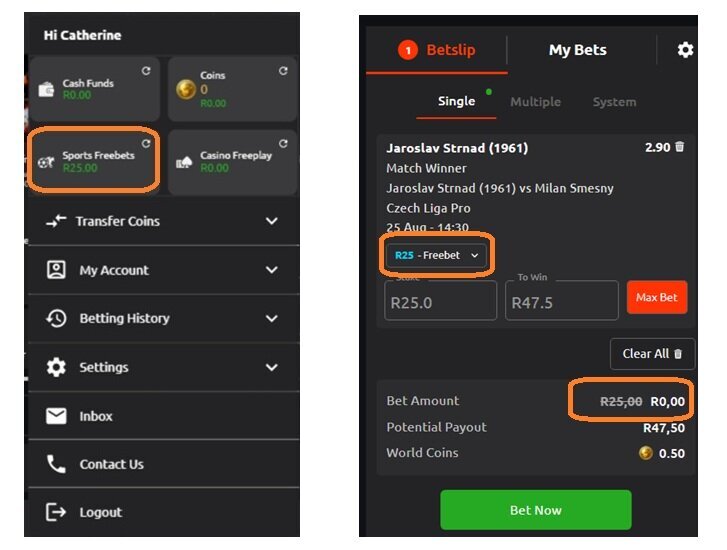 World Sports Betting Sports Freebets wallet showing R25 freebet and betslip with the R25 freebet selected and cash bet amount reduced to R0.00