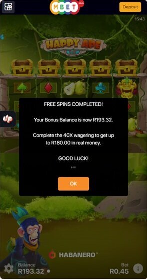 MBet 400 free spins completed with R193.32 in bonus winnings