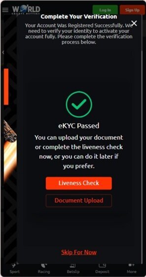 World Sports Betting eKYC passed screen with liveness and document verification options