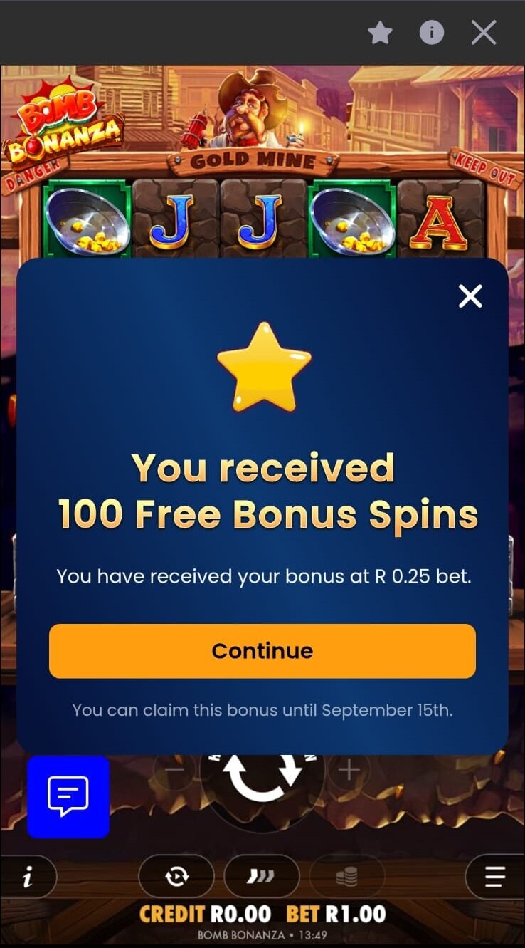 BetXchange 100 free bonus spins awarded at R0.25 per spin on Bomb Bonanza