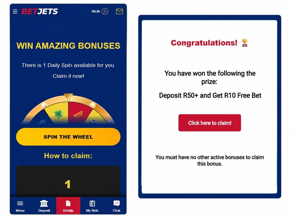 BetJets daily spin wheel on mobile and prize screen showing a R10 free bet after a R50+ deposit