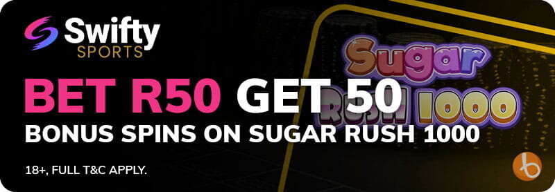 Swifty Sports welcome offer banner for 50 bonus spins on Sugar Rush 1000