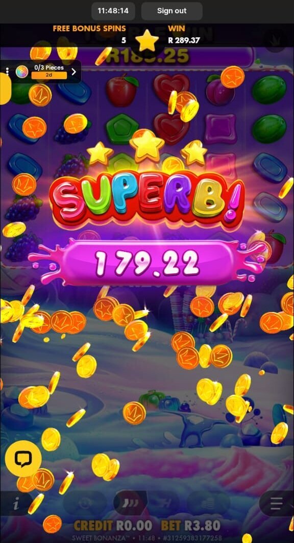 R179 Sweet Bonanza win during the WanejoBets sign-up bonus test