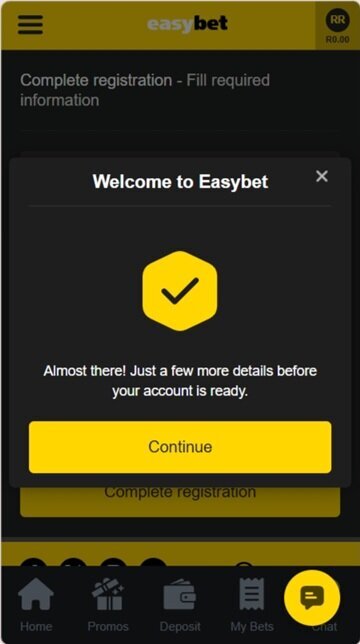 Easybet registration confirmation before completing account setup