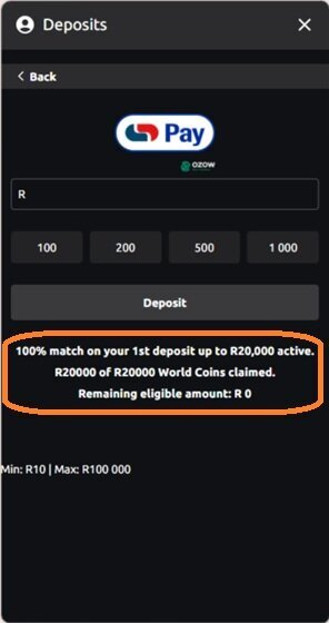 World Sports Betting cashier showing the first deposit match bonus as active