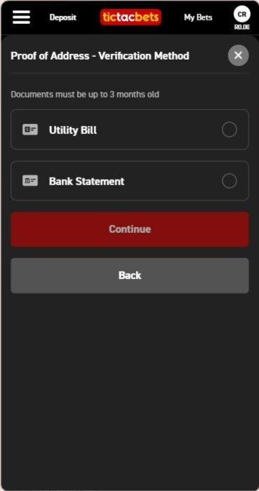 Tic Tac Bets proof of address options showing utility bill and bank statement