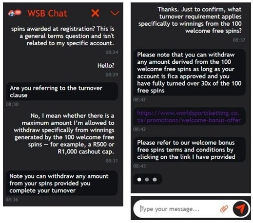 World Sports Betting live chat incorrectly stating that 100 welcome free spins winnings require 30x turnover