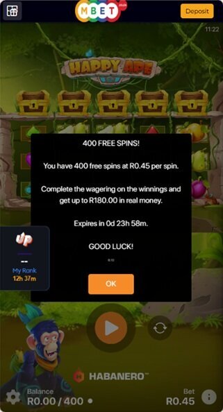 MBet 400 no-deposit spins activated on Happy Ape at R0.45 per spin