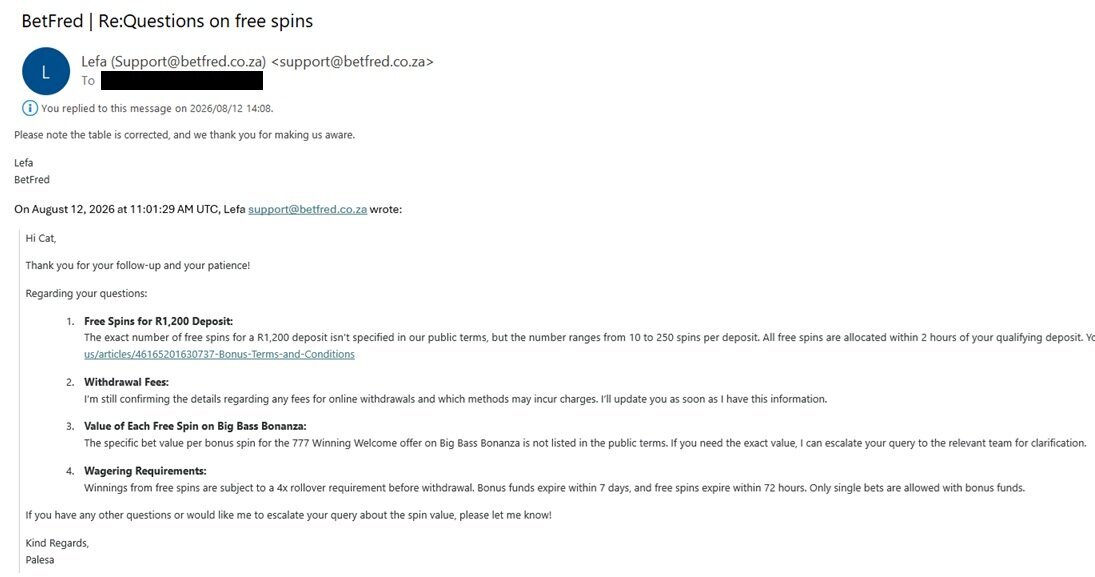 Betfred email support confirming 4x rollover on bonus-spin winnings and acknowledging the welcome bonus table correction