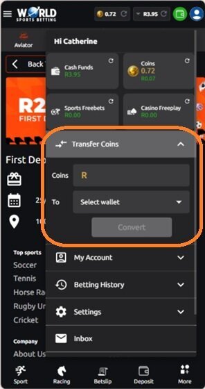 World Sports Betting Transfer Coins menu for moving World Coins to a bonus wallet