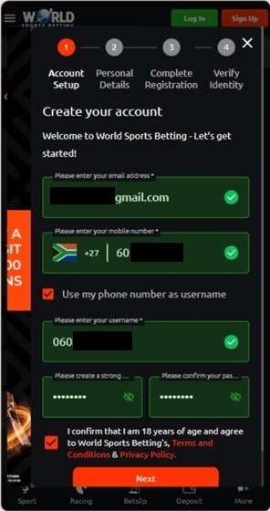 World Sports Betting registration account setup form