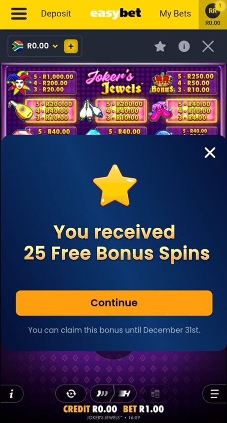 Easybet confirming 25 free bonus spins on Joker's Jewels