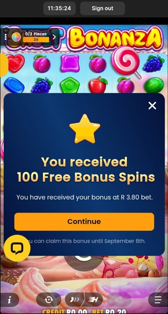 WanejoBets showing 100 Sweet Bonanza bonus spins from the BOJ100 promo code
