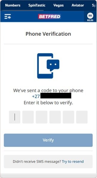 Betfred phone verification screen during registration