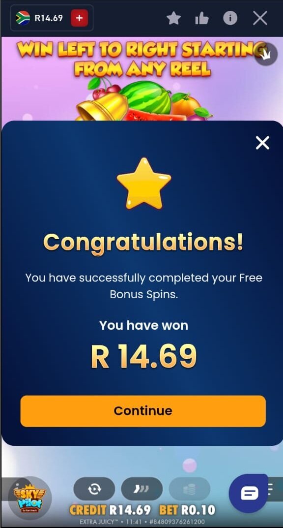 PlayBet free spins completed with R14.69 won during testing