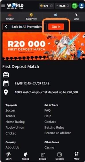 World Sports Betting first deposit match promotion with Opt In button