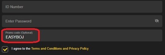 Easybet registration form showing where to enter the EASYBOJ promo code