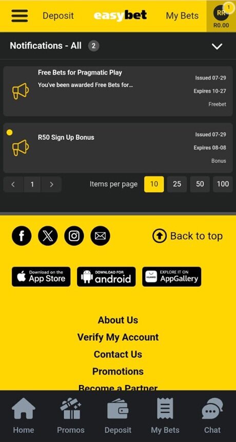 Easybet notifications showing the R50 sign-up bonus and free spins