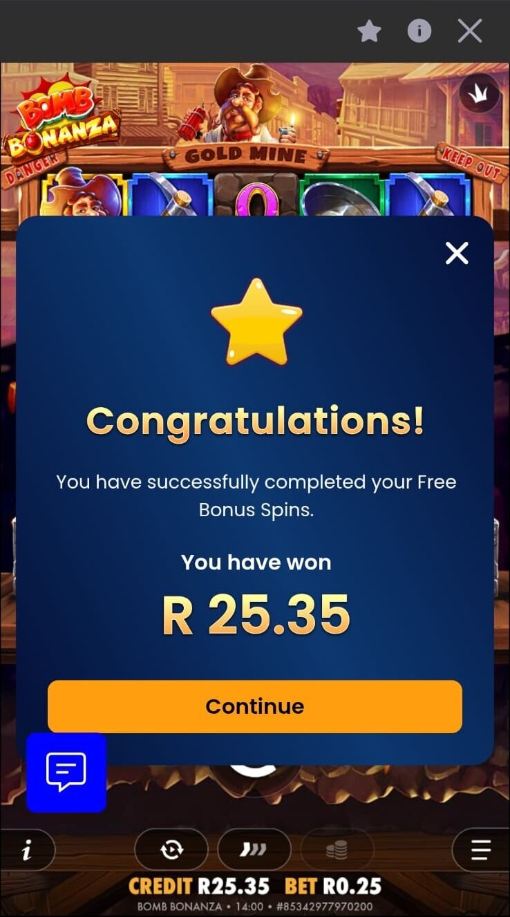 BetXchange free spins completed with R25.35 won on Bomb Bonanza during testing