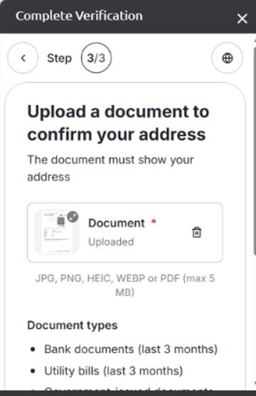 World Sports Betting FICA address document upload step