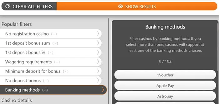 Set a filter for banking methods