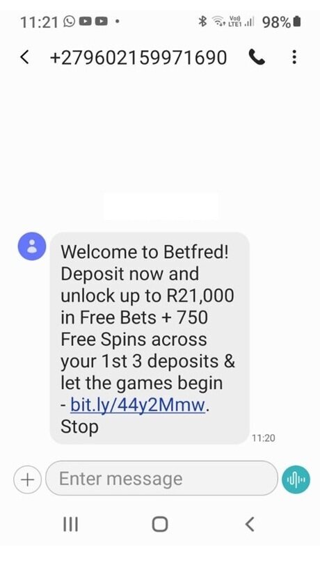 Betfred welcome SMS advertising up to R21,000 and 750 bonus spins across the first three deposits