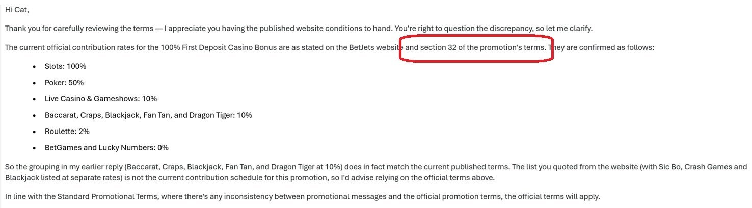 BetJets support email repeating conflicting bonus contribution rates and referring to a section 32 that does not appear in the published terms