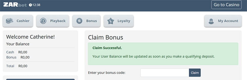 ZARbet bonus claim successful