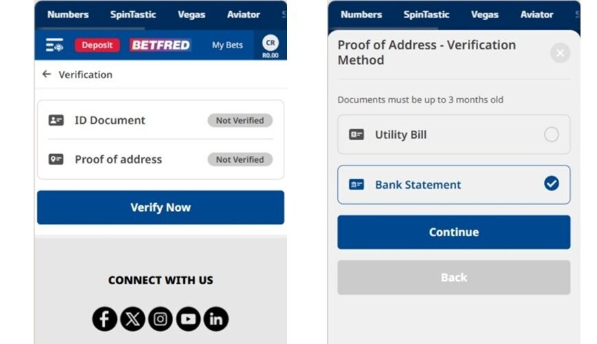 Betfred FICA verification showing ID and proof of address requirements