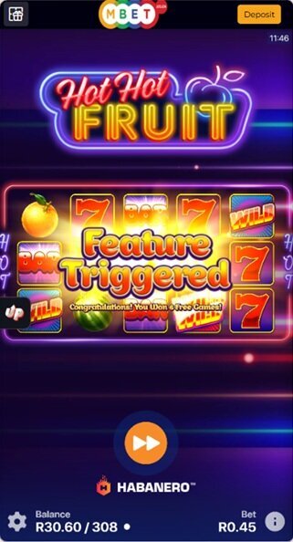 MBet no-deposit free spins used on Hot Hot Fruit with 308 spins remaining