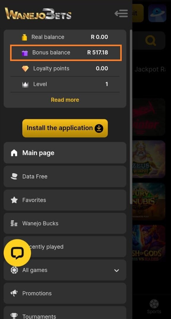 WanejoBets bonus balance after playing the sign-up promo-code spins