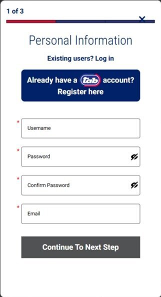 BetJets mobile registration screen