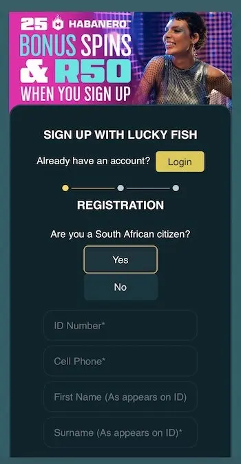 Registration form at Lucky Fish