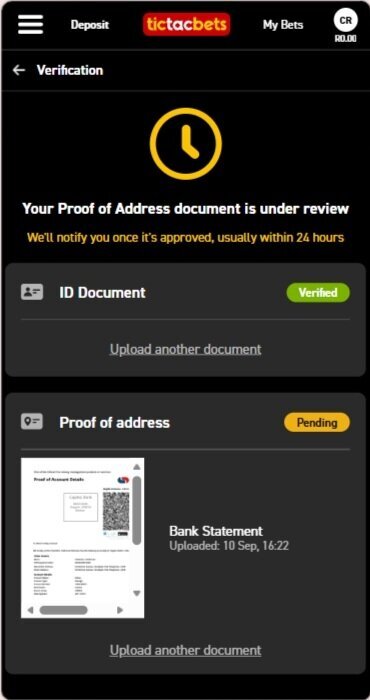 Tic Tac Bets FICA screen showing proof of address under review after bank statement upload