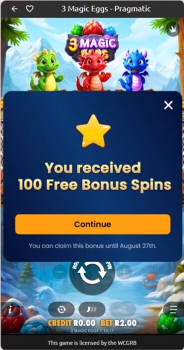 World Sports Betting 100 free bonus spins activated on 3 Magic Eggs