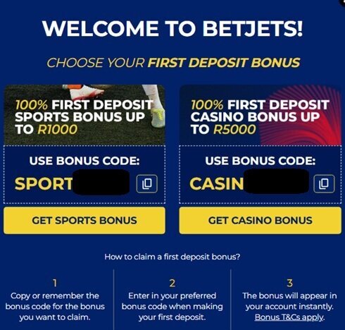BetJets first deposit casino bonus showing where to enter the promo code