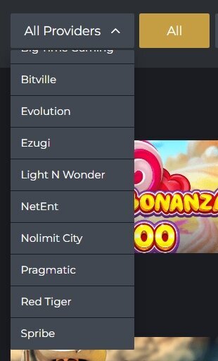 Swifty Sports casino provider filter menu