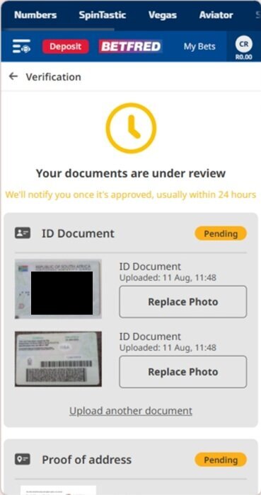 Betfred FICA verification showing ID and proof of address under review