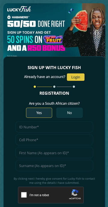 Registration form at Lucky Fish